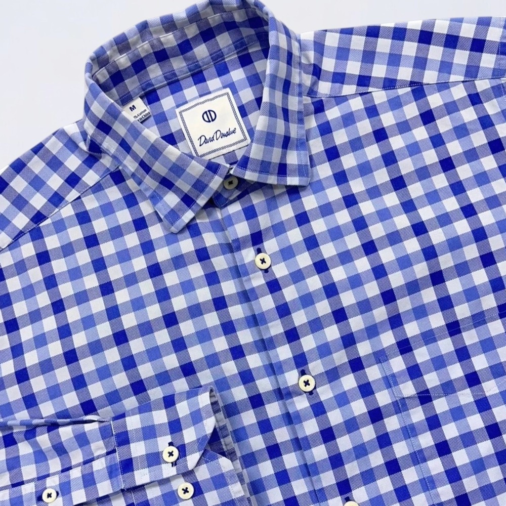 David Donahue Button Up Shirt Men's Medium Blue Gingham Check Long Sleeve Office